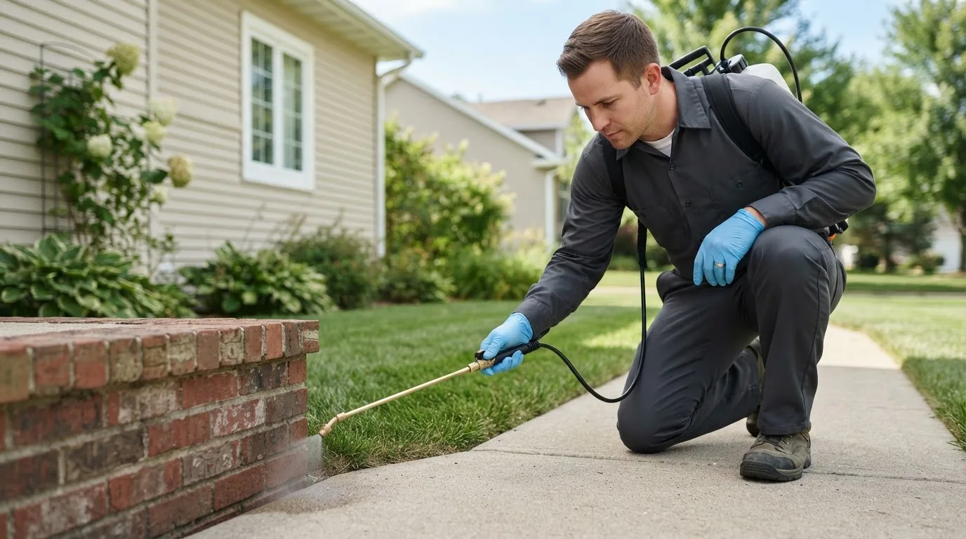 Pest control technician treating a home near Lyons, KS
